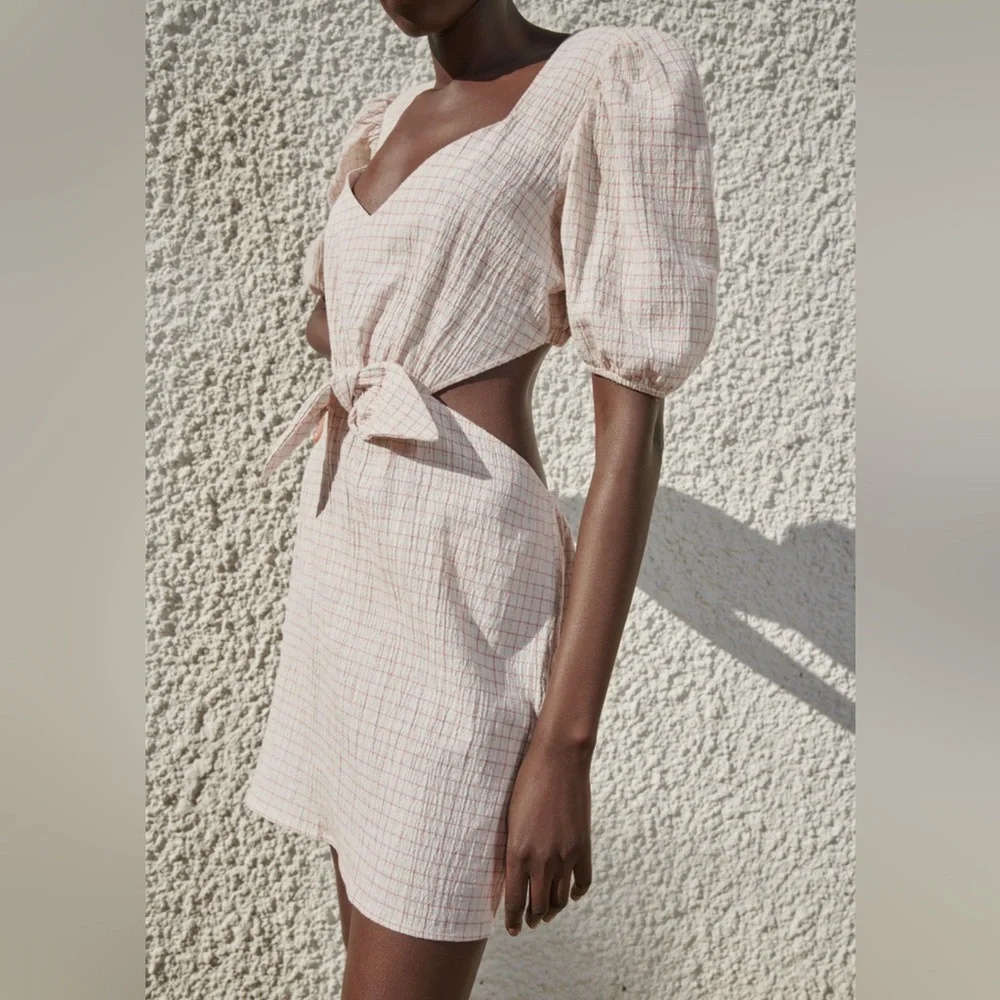 Zara NWT Size S Cotton/Linen Blend Plaid Cut Out Waist Minidress -NWT per Pics - Picture 5 of 10